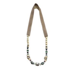 Twine & Twig Long Classic Beaded Necklace Womens Suede Strap Blue Cream Beads